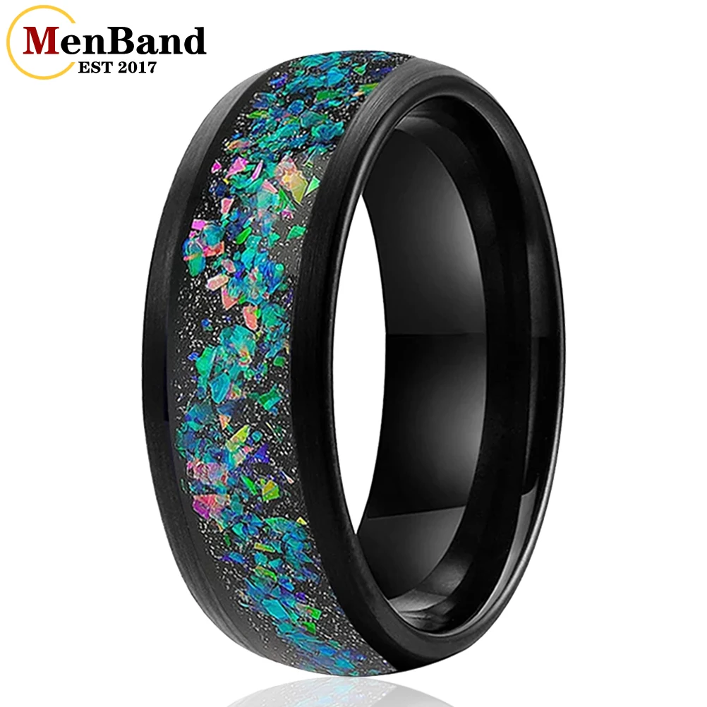 

MenBand Mens Womens Black Tungsten Rings 8mm Galaxy Series Created-opal Inlay Dome Brushed Wedding Bands Comfort Fit