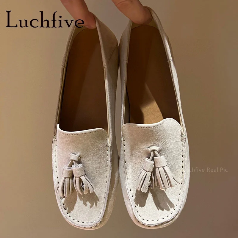 

2023 New Kid Suede Tassels Decoration Women Flats Shoes Slip On Round Toe Loafers Ladies Shoes Brand Casual Shoes Mujer