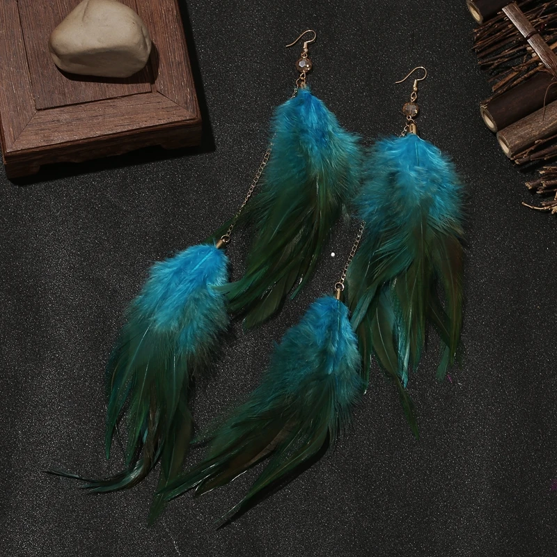 Fashion 1PCBohemian Long Feather Dangle Earrings For Women Beach Chain