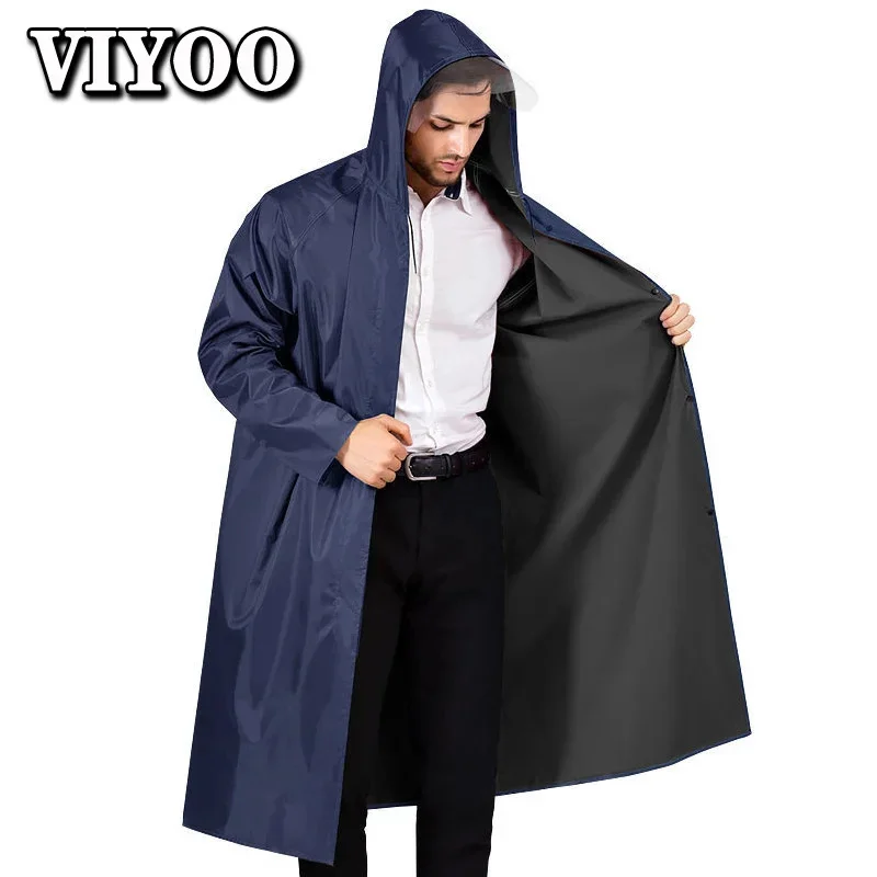 

PVC Women Men's Waterproof Long Windbreaker Raincoats Vintage Green Navy Hooded Trench Coat Male Outdoor Hiking Fishing For Men