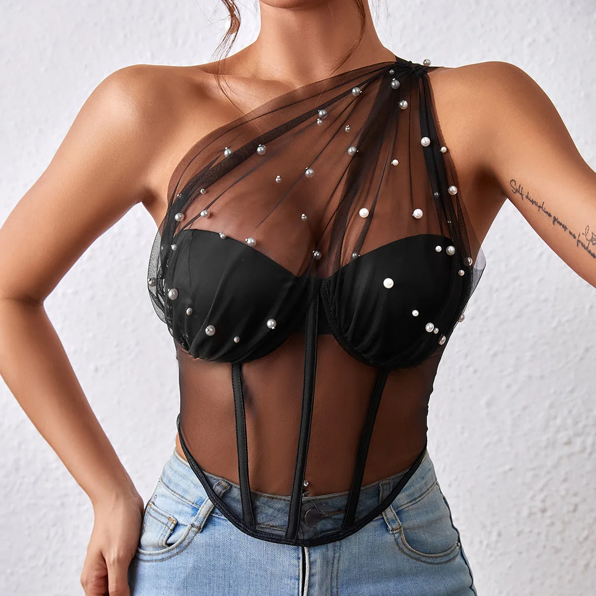 Pearl One Shoulder Corset Fashion Sexy Bustier Camisole Summer Slim Fit See Through Tank Tops Back Zipper Youthful Woman Clothes
Pearl One Shoulder Corset Fashion Sexy Bustier Camisole Summer Slim Fit See Through Tank Tops Back Zipper Youthful Woman Clothes