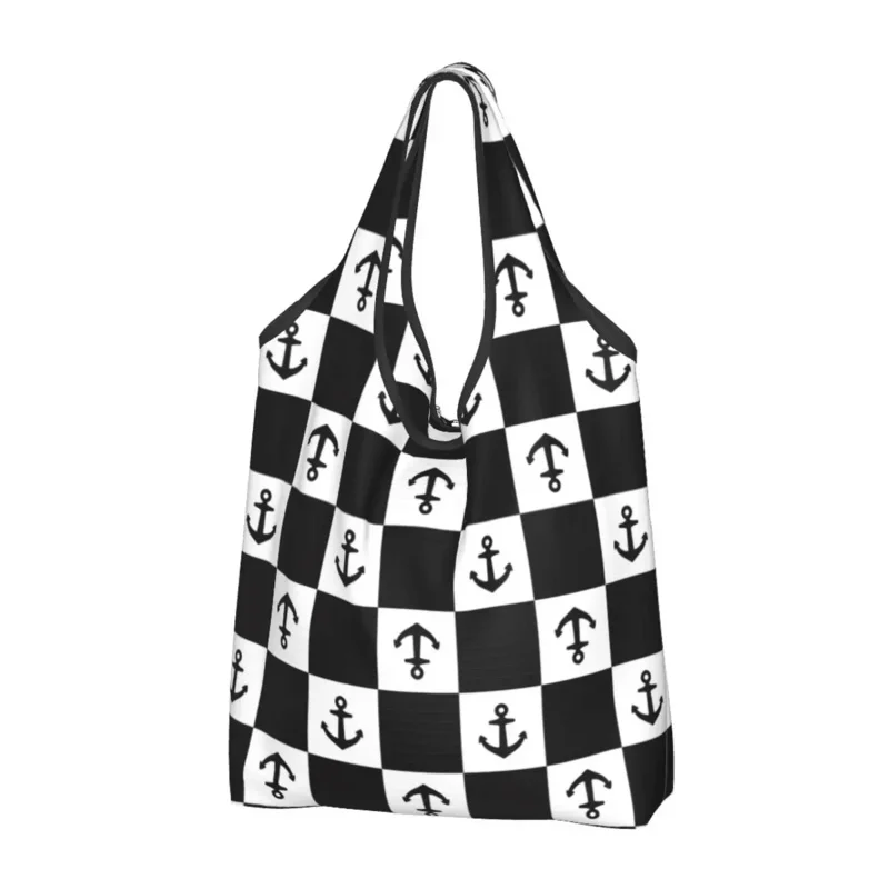 

Anchor Pattern Boat Checked Reusable Shopping Grocery Bags Foldable 50LB Weight Capacity Eco Bag Eco-Friendly Washable