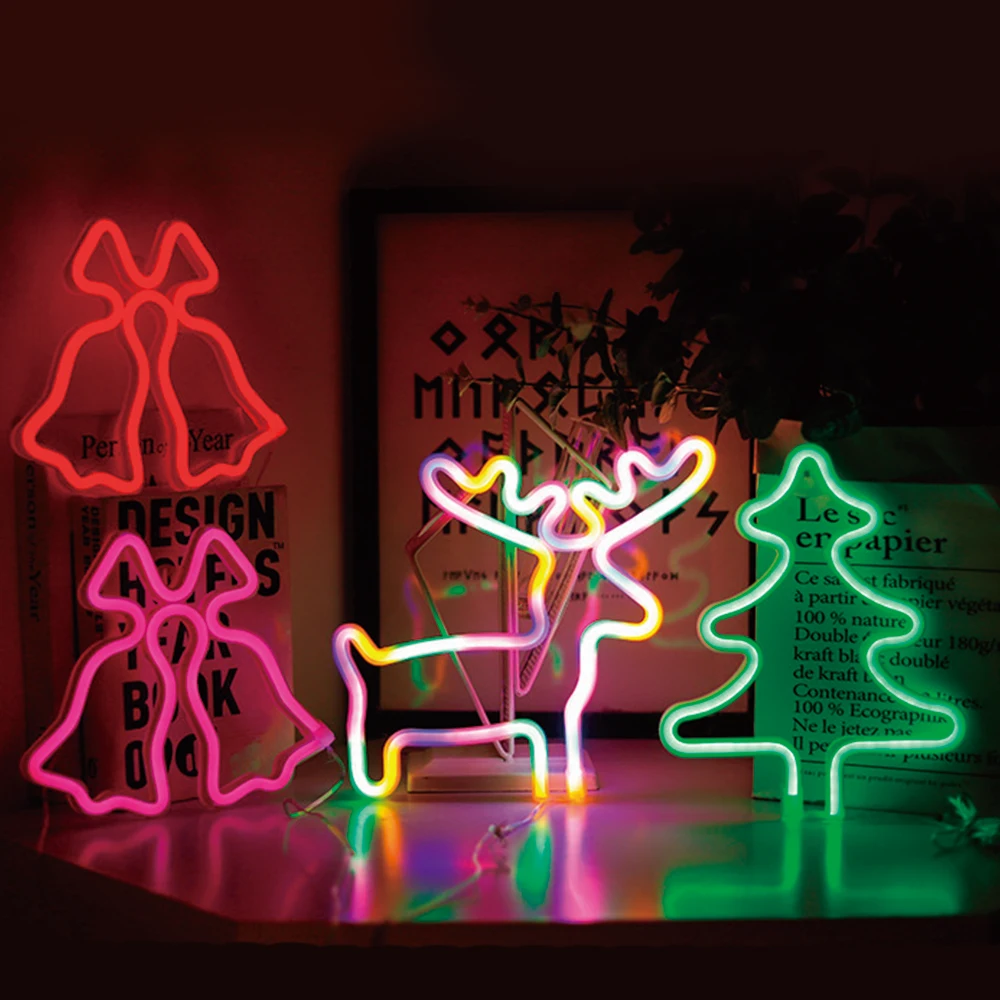 

Merry Christmas LED Light Sign Acrylic Neon Sign Bells ELK Christmas Tree New Year Lamp Bedroom Living Room Wall Decoration