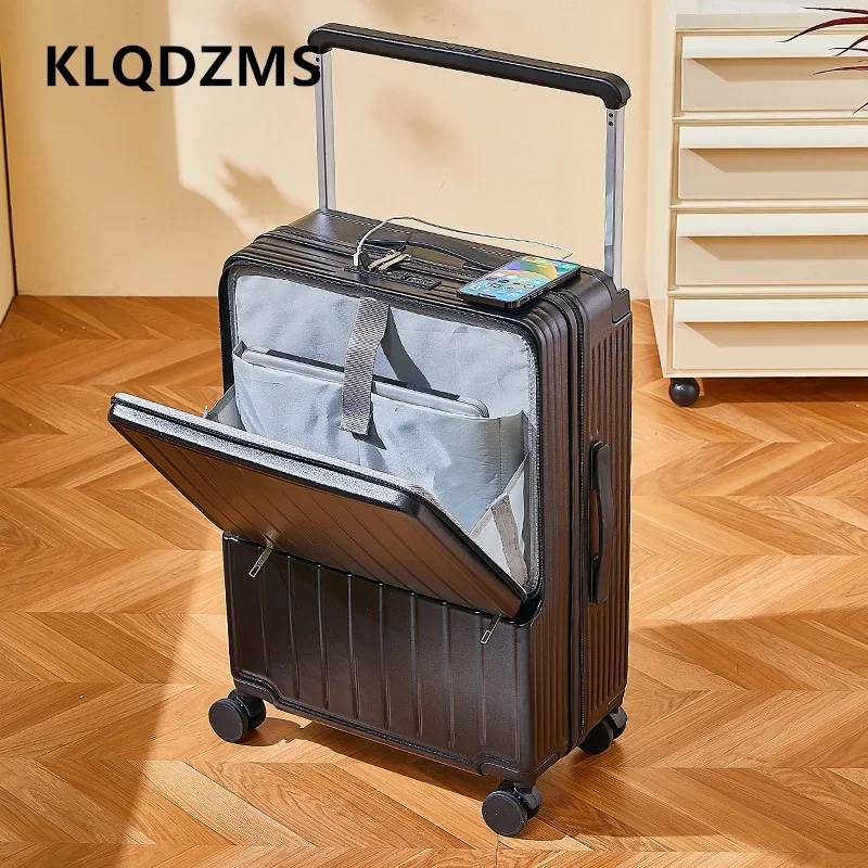 

KLQDZMS Rolling Luggage 20" Front Opening Laptop Boarding Case 24" 26" Aluminum Frame Trolley Case USB Charging Suitcase