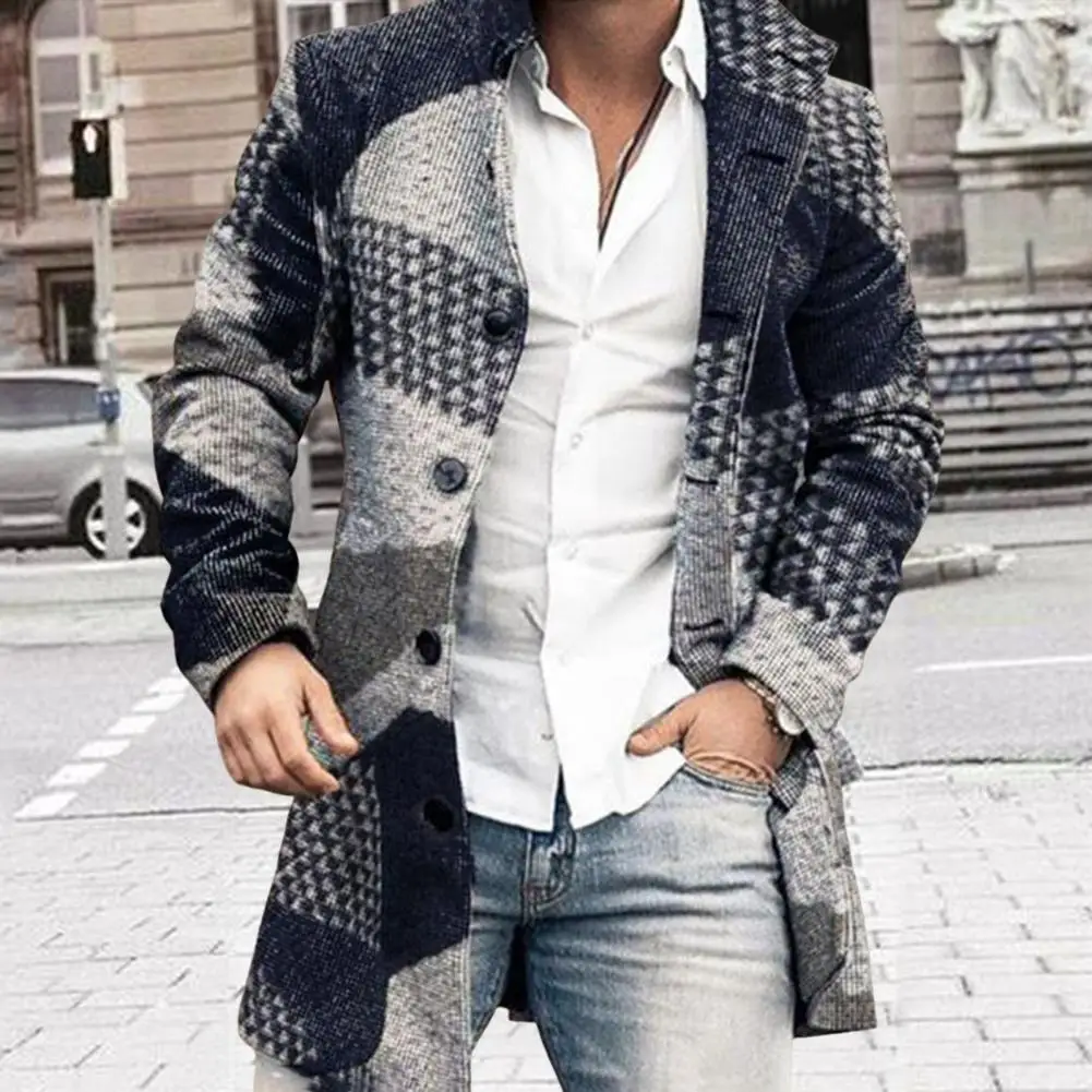 

Men Overcoat Plaid Single-breasted Turndown Collar Long Sleeves Slim Mid-length Jacket Coat Streetwear Wool & Blend Outerwear