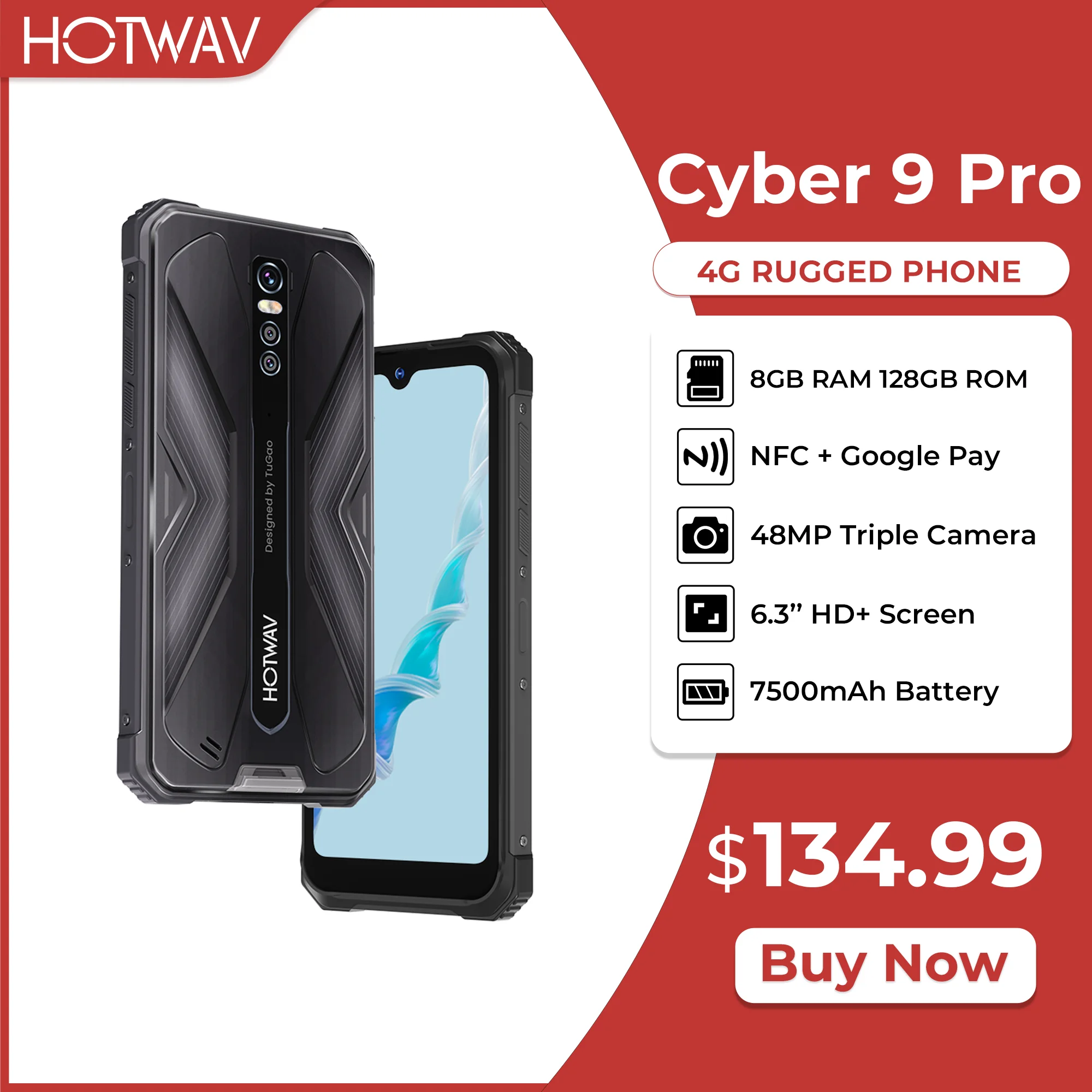 

HOTWAV Cyber 9 Pro Rugged Smartphone 8GB+128GB 7500mAh Helio P60 Octa Core 6.3" Mobile Phone 48MP Rear Camera 4G Cellphone 2022