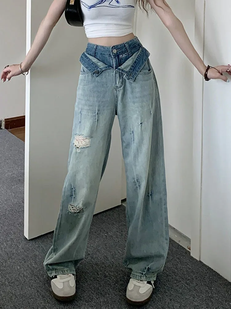 

Summer Bule Hiphop Vintage Jeans Women Pockets Y2k Korean Style Denim Pants Female High Waist Fashion Casual Straight Pants 2023