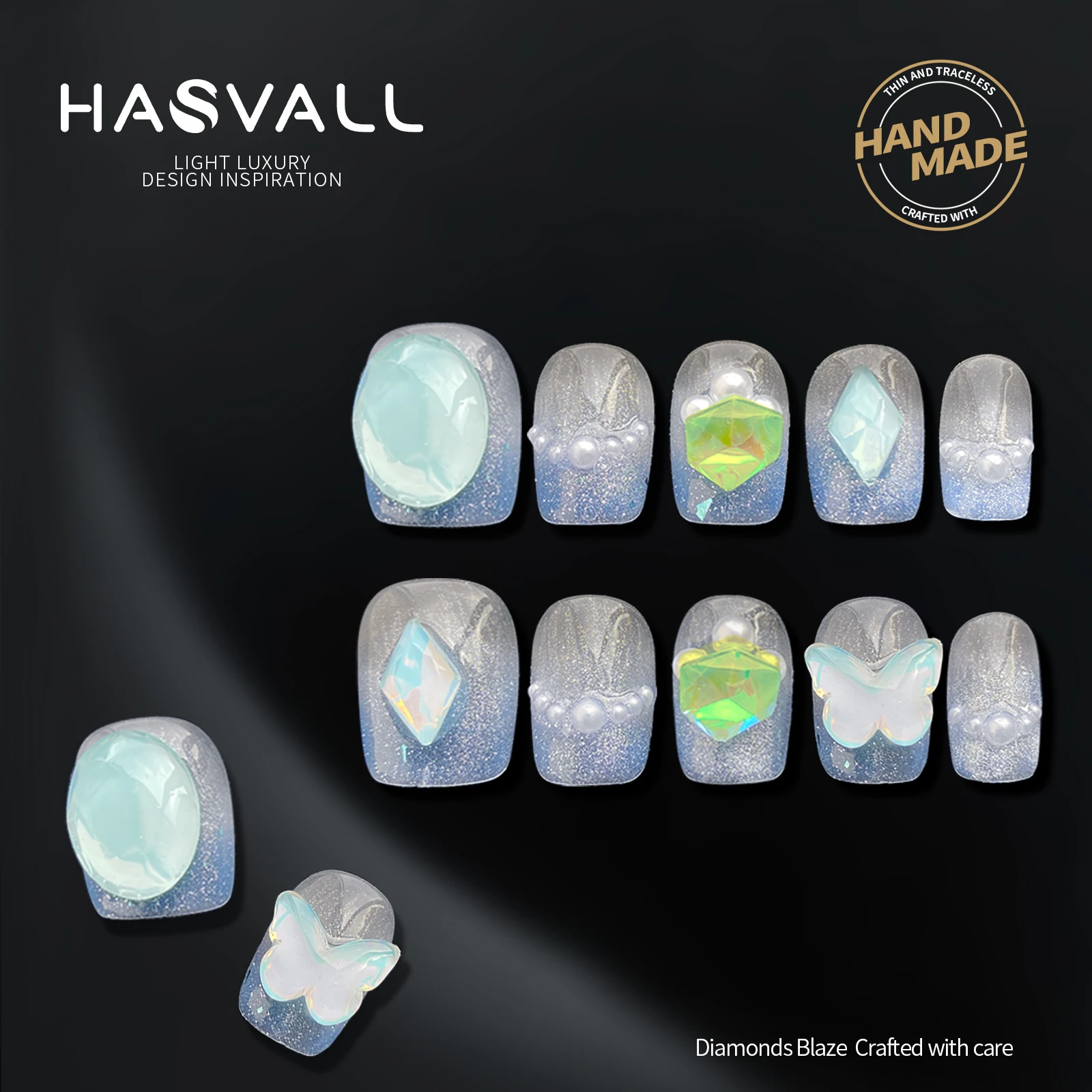 

HASVALL Handmade Press-on Nails Short Square Blue Clear Butterfly Design Cat Eye Full Cover False Tips 10Pcs Gel UV Finish Nail