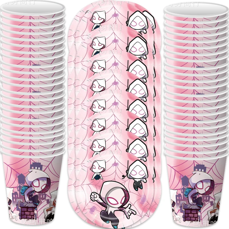 

60 шт./лот розовые тематические чашки в виде Человека-паука, тарелки, мероприятия на день рождения, Детские сувениры для девочек, набор посуды