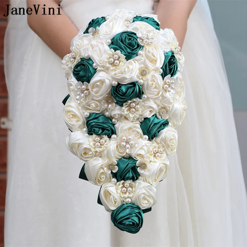 

JaneVini Ivory Green Wedding Bouquet Waterfall Crystal Artificial Flowers Satin Rose Pearls Rhinestone Brides Flower Bouquet