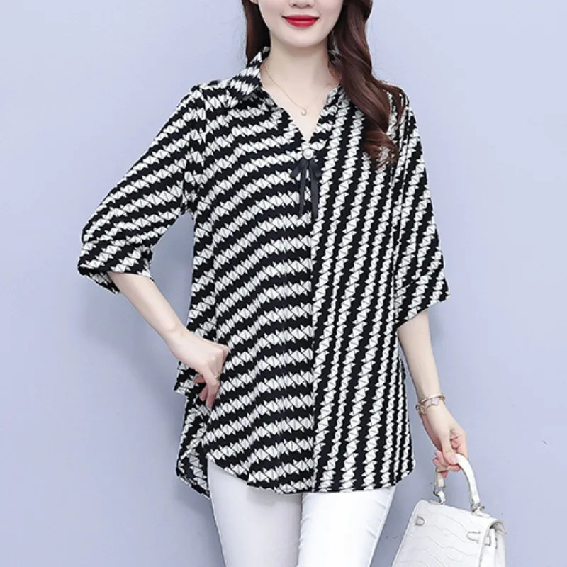 

Spring Summer New Fashion Elegant Polo Blouses Casual Versatile Western Commuting Cloth Stripes Comfortable Women's Shirts
