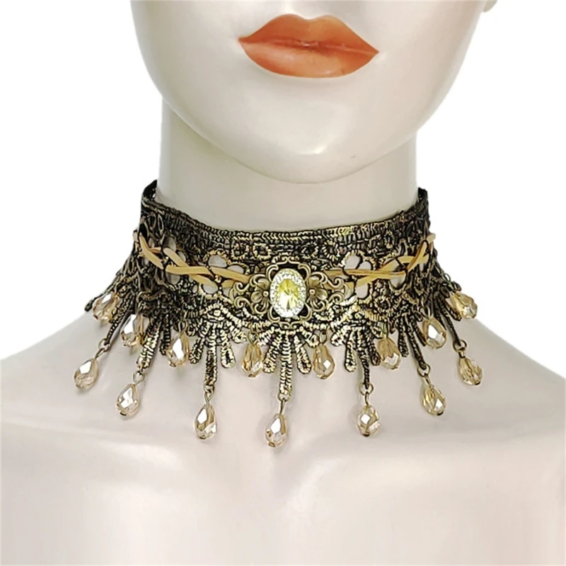 

Gothic Choker Necklace Decorative Collar Chain Belt Necklace for Teens Girl Cool Tassels Lace Neckwear Lady Body Jewelry