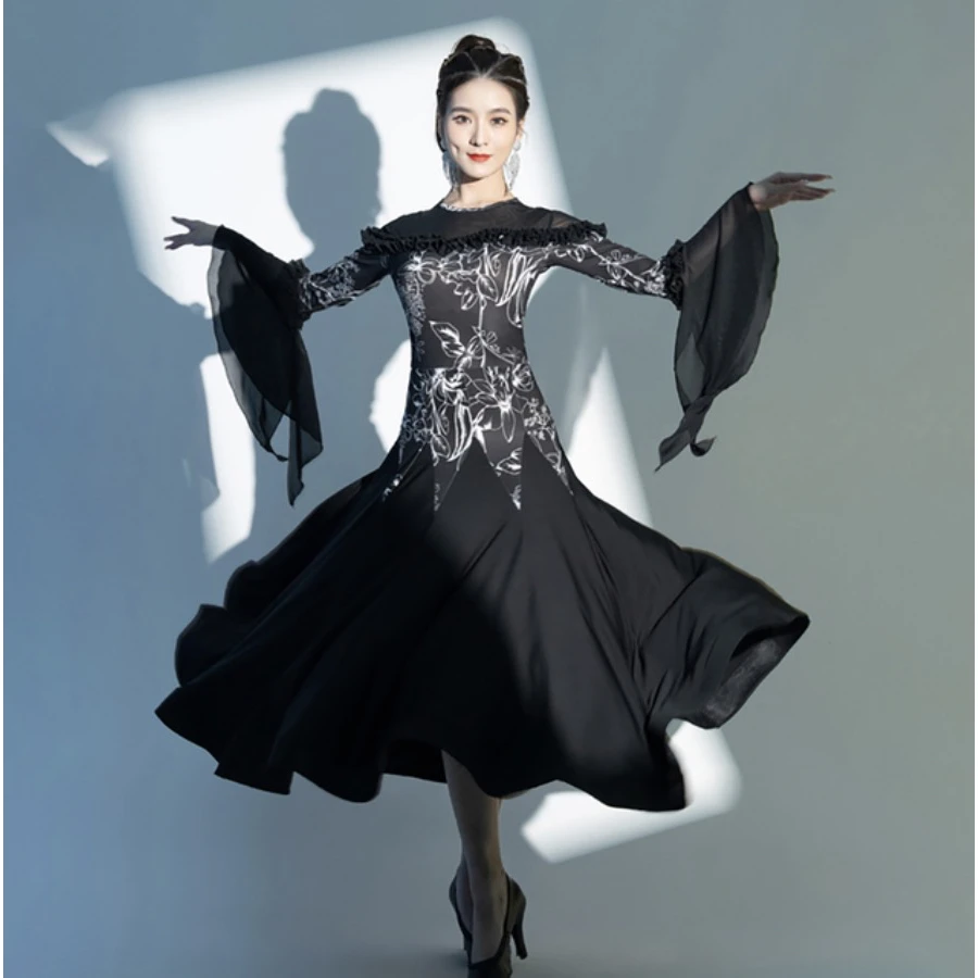 

2022 Green Black Bell Sleeve Ballroom Dance Performance Dress For Adult Women Female Expansion Skirts Tango Waltz Dress