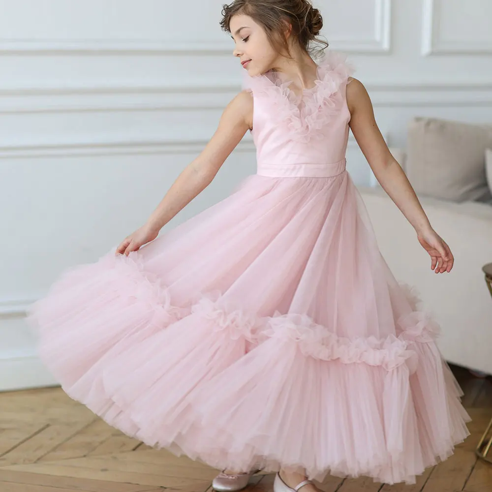 

Jill Wish Elegant Pink Flower Girl Dress V-Neck Tiered Dubai Kids Princess Birthday Wedding Party Ball Evening Gown 2024 J116