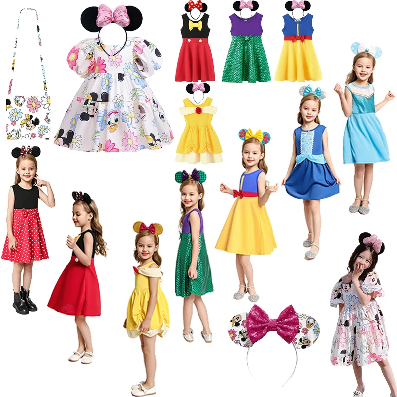 

Disney Mickey Minnie Mouse Puff Princess Dress for Girl Cute Summer Holiday Dress 2024 Frozen Elsa Anna Costumes Party Clothings