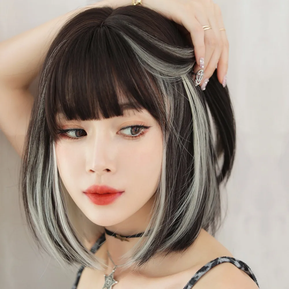 

Highlight Hair Accessories Natural Bang Seamless Hanging Ear-dye Wig Straight Bob Wigs Short Ombre Wigs Cosplay Lolita Wig