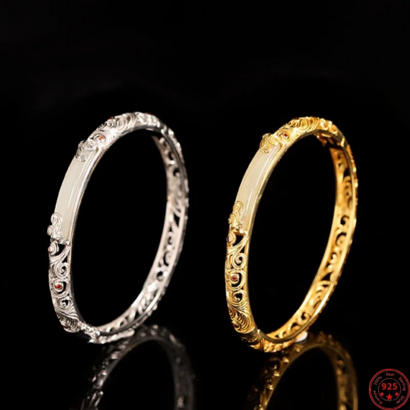 S925 Sterling Silver Bracelets for Women New Fashion Ethnic Style Hollow Flowers Inlaid Jade Gold Plated Bangle Free Shipping
S925 Sterling Silver Bracelets for Women New Fashion Ethnic Style Hollow Flowers Inlaid Jade Gold Plated Bangle Free Shipping