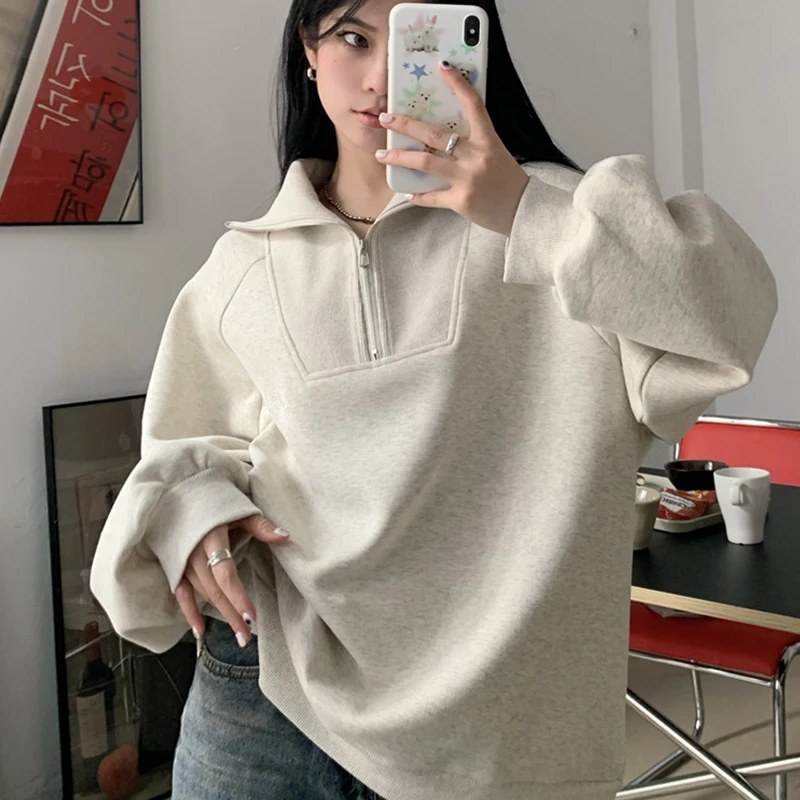 Polo Collar Zipper Ladies' Hoodies Loose Casual Grey Pullover Korean Style Long Sleeve Fashion Simple Female Clothes
Polo Collar Zipper Ladies' Hoodies Loose Casual Grey Pullover Korean Style Long Sleeve Fashion Simple Female Clothes