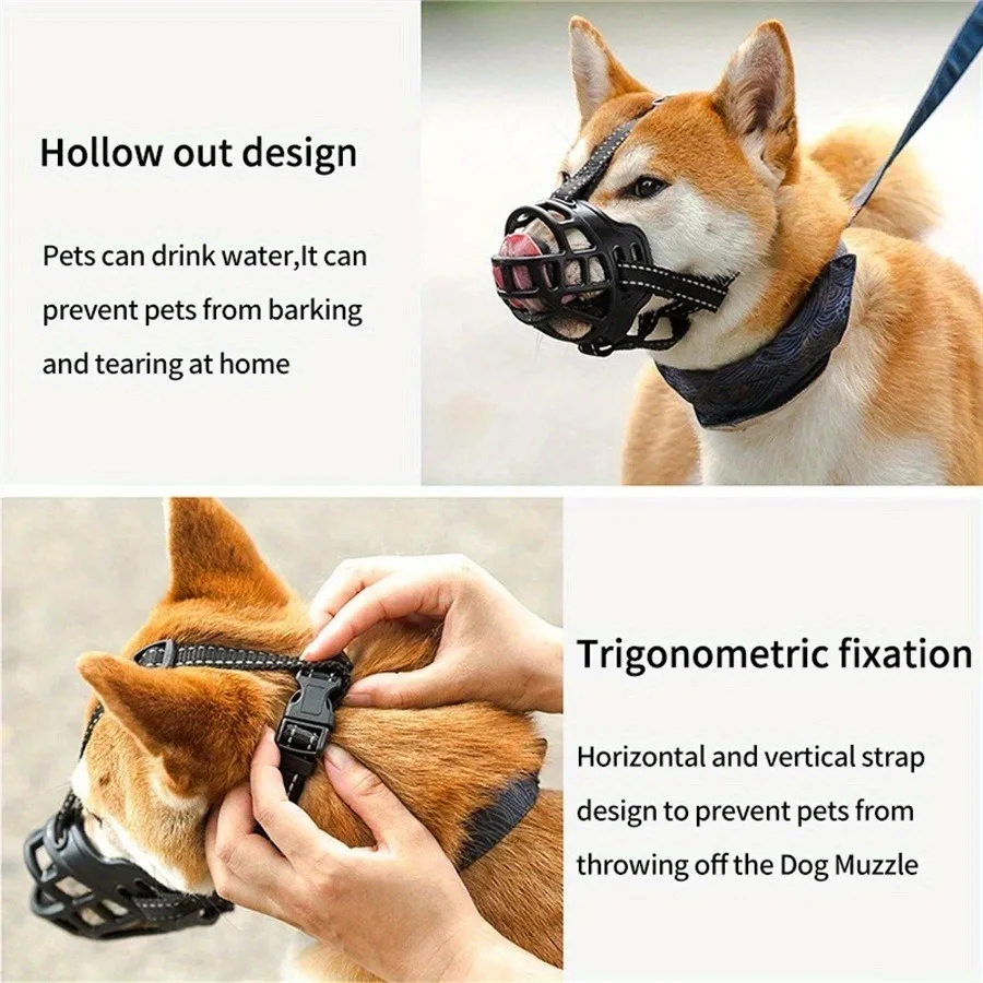 Adjustable Dog Muzzle | Breathable Comfortable for Small to Large Dogs Two panels explaining the muzzle