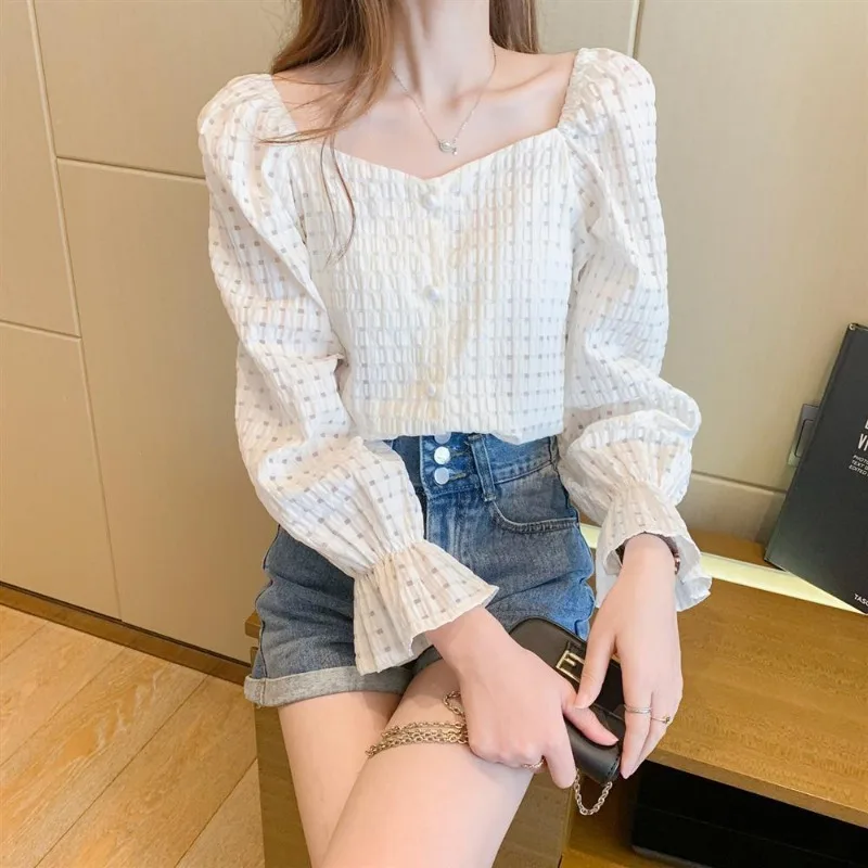 

White 2023 New Fashion Fall Autumn Long Sleeve Single Breasted Button Basic Shirts Preppy Style Women Hollow Out Crochet Top