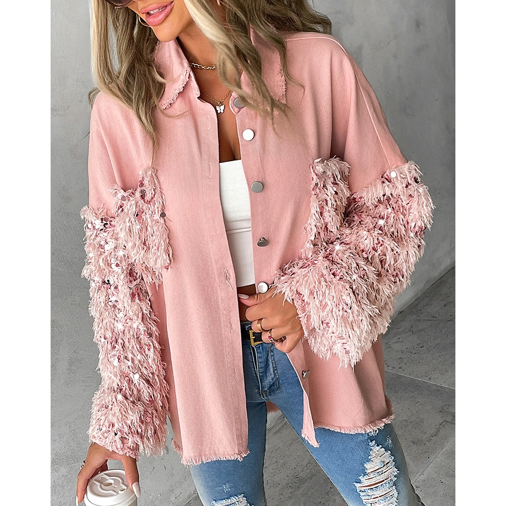 

Autumn Winter Women Contrast Sequin Tassel Design Fuzzy Patchwork Long Sleeve Coat Femme Turn-down Collar Casual Jacket Shacket