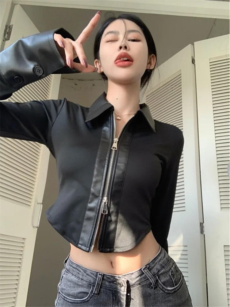 

Корейский Модный укороченный топ, Женская весенне-осенняя новая куртка Y2K, облегающая пикантная рубашка, кардиган на молнии, верхняя одежда, женская одежда