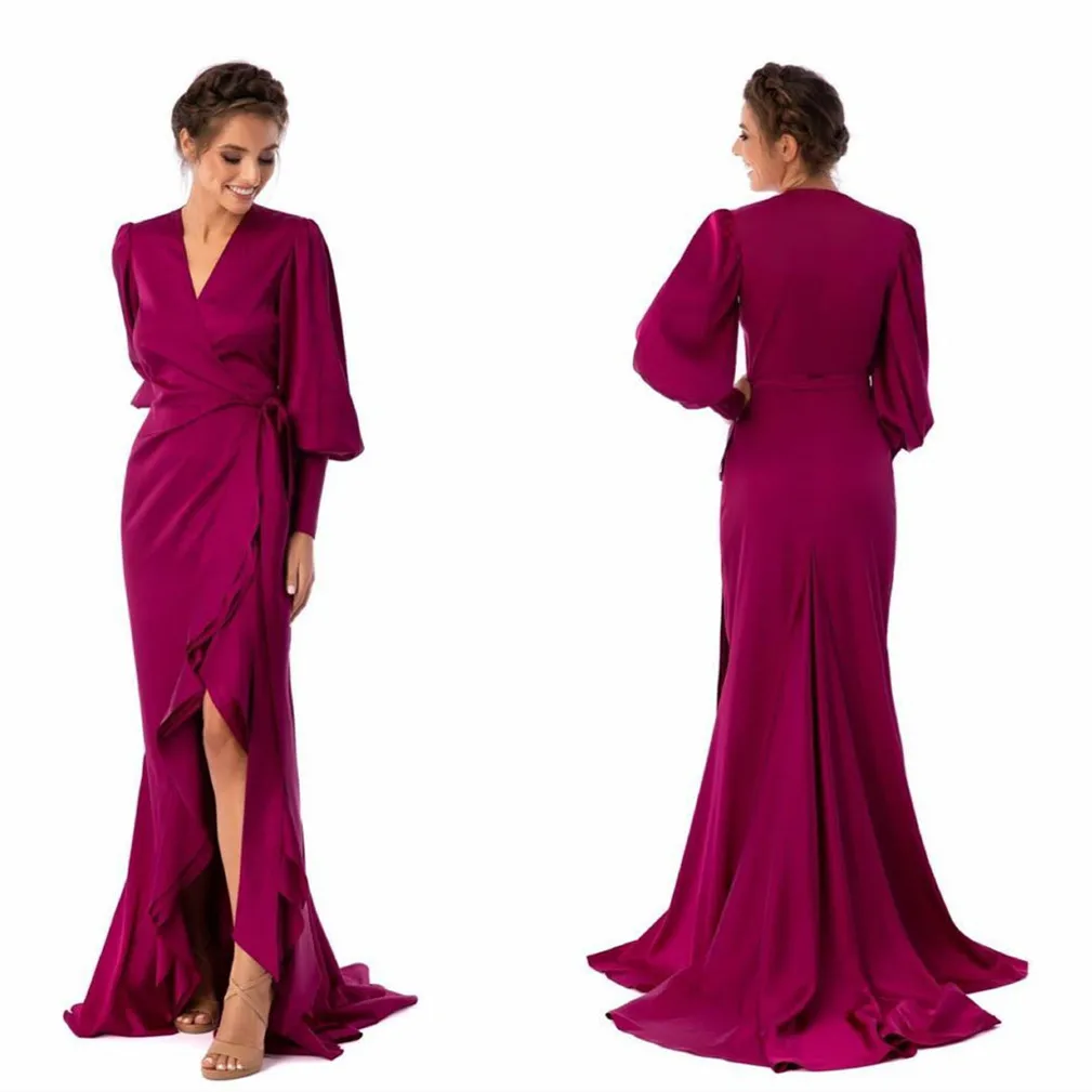 Elegant Long Sleeve V-Neck Satin Prom Dresses With Slit Mermaid Robes de soirée Evening Dress With Ruffles for Women
Elegant Long Sleeve V-Neck Satin Prom Dresses With Slit Mermaid Robes de soirée Evening Dress With Ruffles for Women