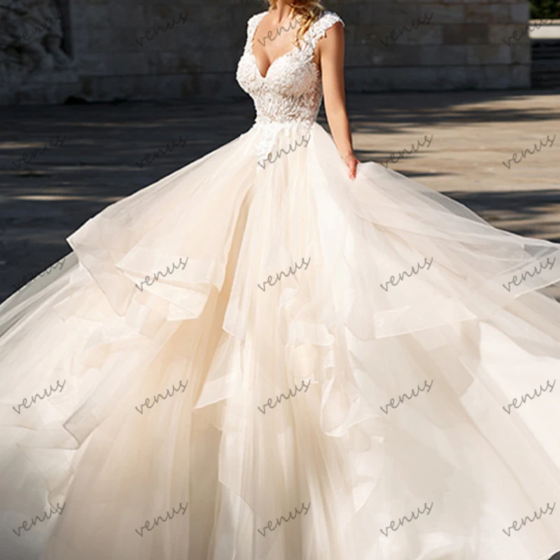 

Gorgeous Wedding Dresses A-Line Tulle Tiered Bridal Gowns Lace Appliques Sleeveless Floor Length Robes Vestidos De Novia 2024