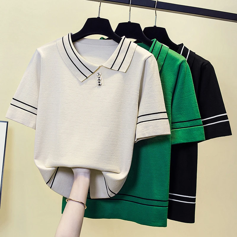 2023 Summer Pullover New Polo Color contrast Elegant Jacquard Short sleeve Knitwear Top Women Chic Striped Button Thin Sweater
2023 Summer Pullover New Polo Color contrast Elegant Jacquard Short sleeve Knitwear Top Women Chic Striped Button Thin Sweater