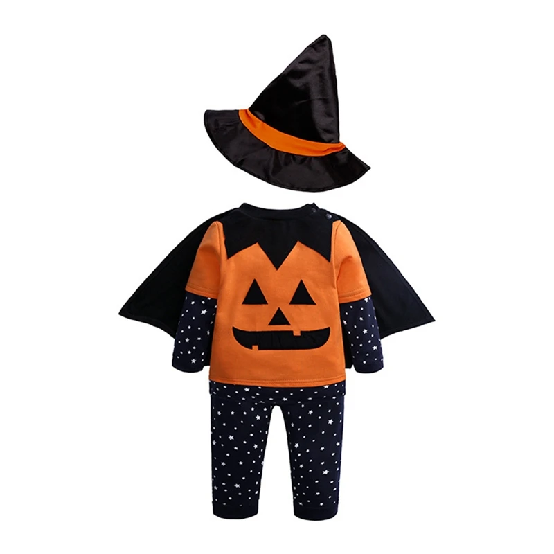 

Halloween Kids Baby Outfit Pumpkin Printed Long Sleeve Hooded Sweatshirt Long Pants Cloak Hat 4Pcs Autumn Winter Sets 9M-4Y