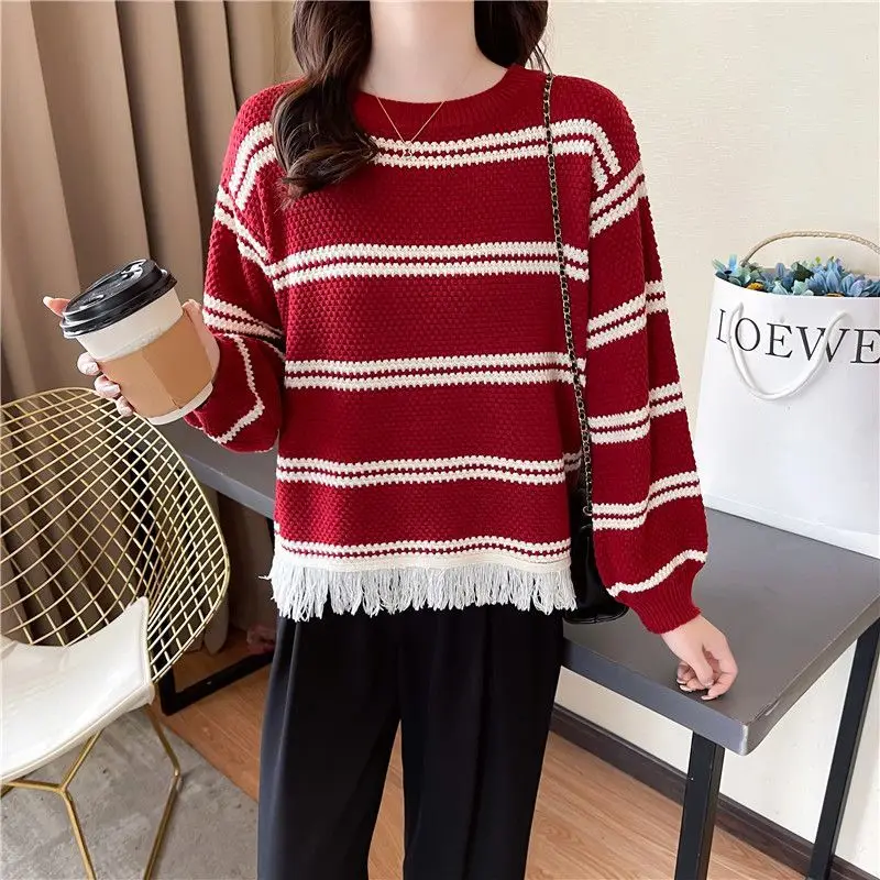 

Striped Fringe Short Sweater For Women's Spring Autumn New Loose Fitting Outer Wear Round Neck Long Sleeved Knitted Bottom Top