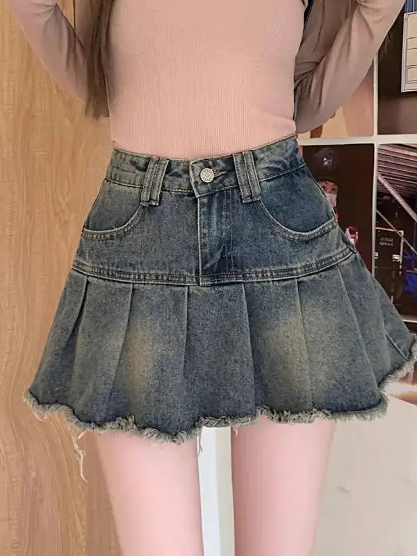 

Summer A-Line Short Skirt Cute Denim High Waist Burr Edge Spliced Casual Harajuku Korean Style Women'S Y2K Mini Pleated Skirt