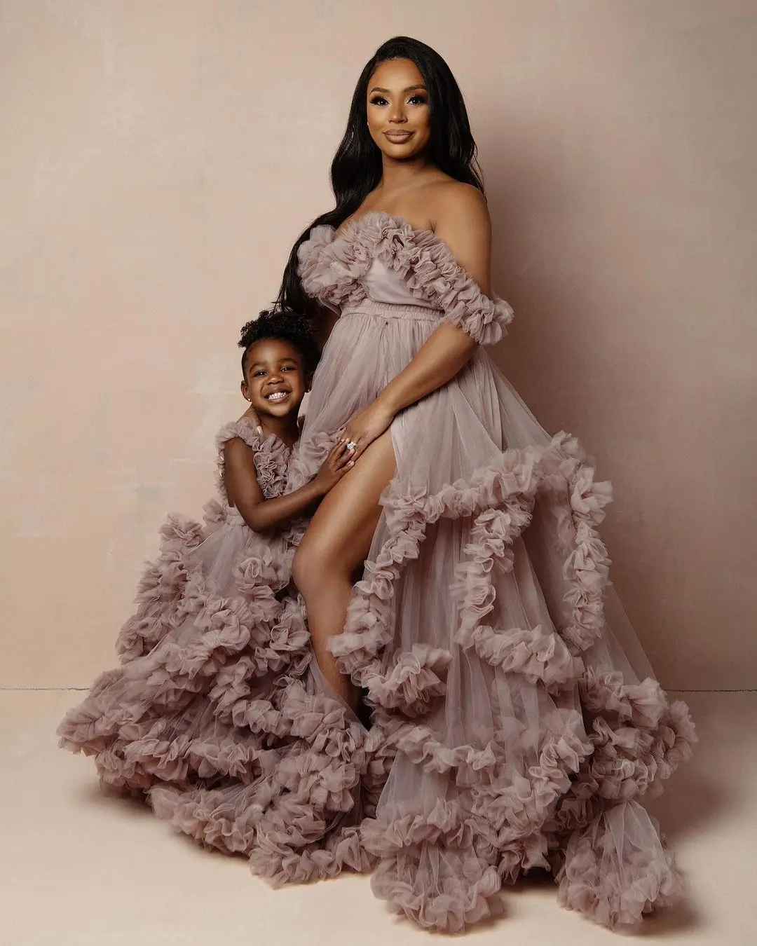 

Dusty Pink Ruffled Tulle Maternity Dress Mom and Daughter Photoshoot Gown Corset Back Pregnancy Photography Dresses #18724