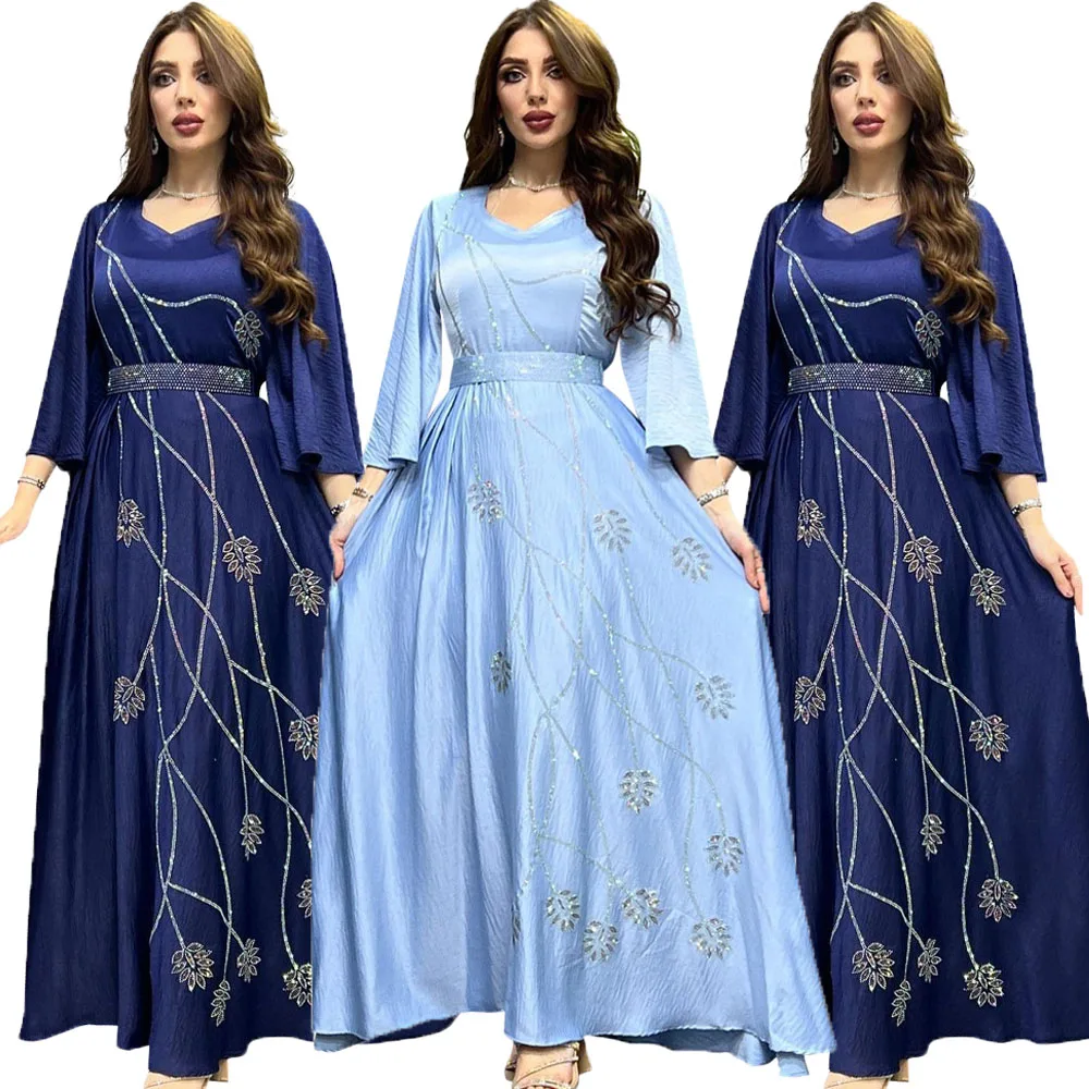 

Abayas Arabic Elegant Muslim Dress For Women Flare Sleeve Islamic Clothes Middle East Dubai Maxi Robe Diamonds Moroccan Jalabiya