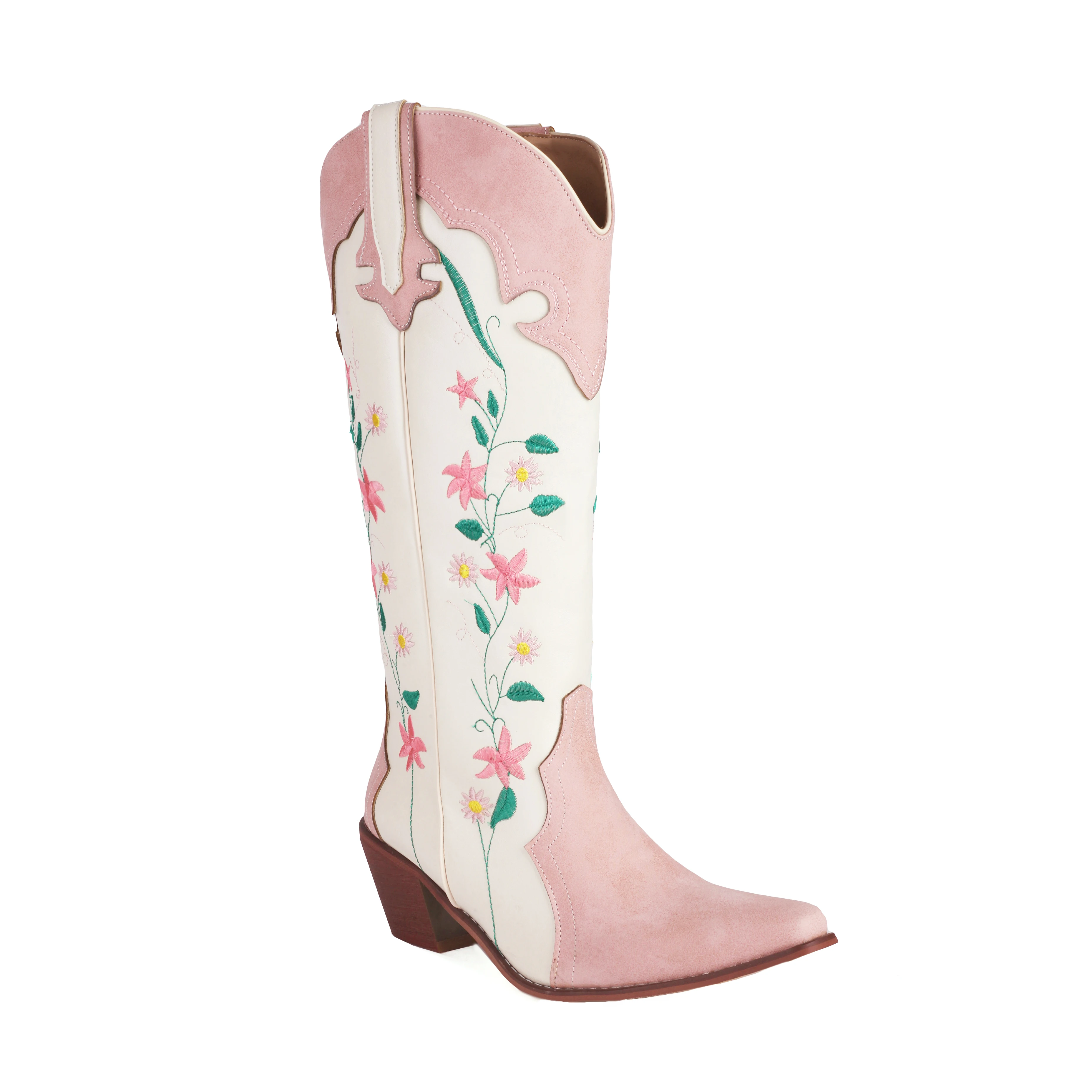 

Cowgirls Embroidered Floral Women's Western Boots Cowboy Tall Booties Knee High Square Toes Size 35-48 Stable Chunky Heels Shoes