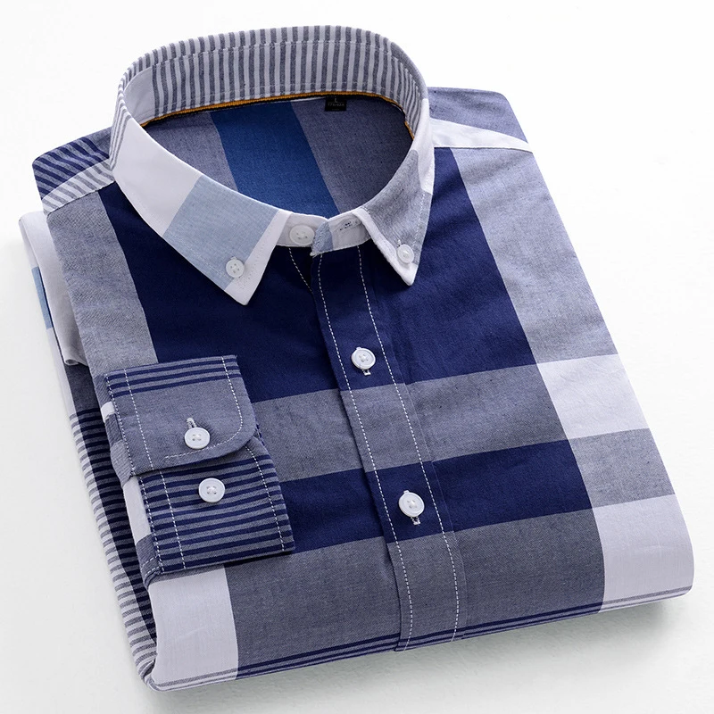 

New Retro Men's Plaid Shirt Long Sleeve Casual Pure Cotton Oxford Soft Buttoned Lazy Breathable Formal Social Shirt Man Clothes
