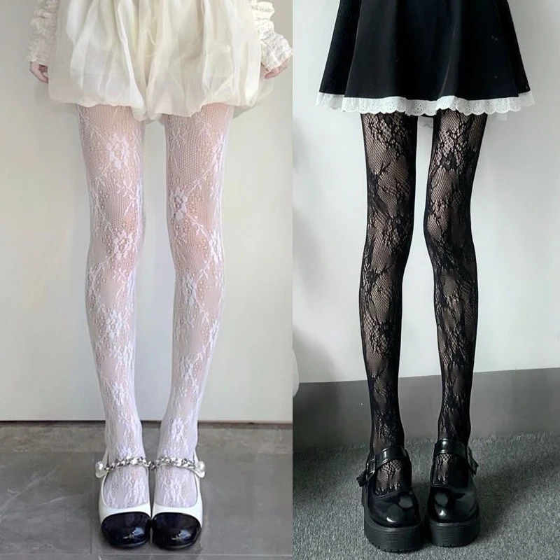 

Lace Flower Bottomed Stockings Women Gothic Black White Mesh Hollowed Pantyhose Female Sexy Floral Rattan Fishnet Tights Hosiery
