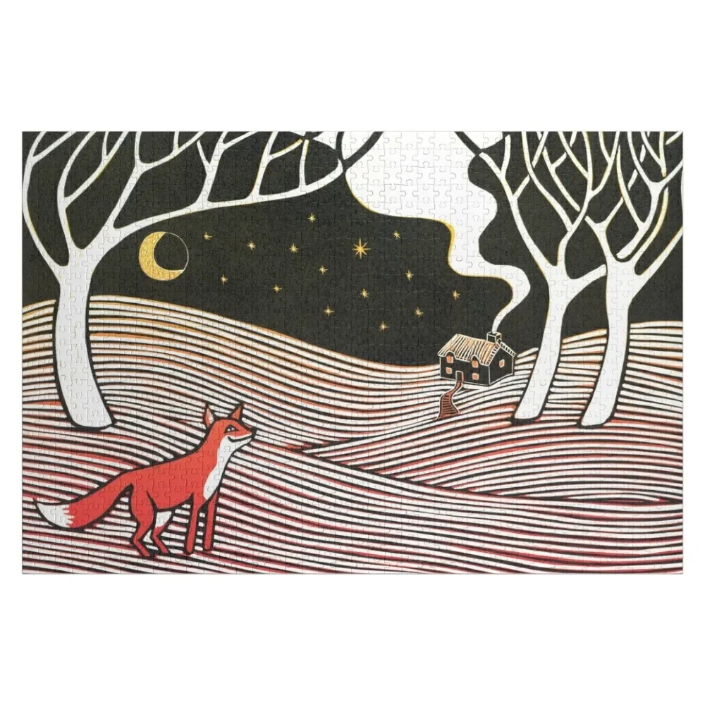 

Stargazing - Fox in the Night - linocut by Francesca Whetnall Jigsaw Puzzle Baby Wooden Custom Child Gift Puzzle