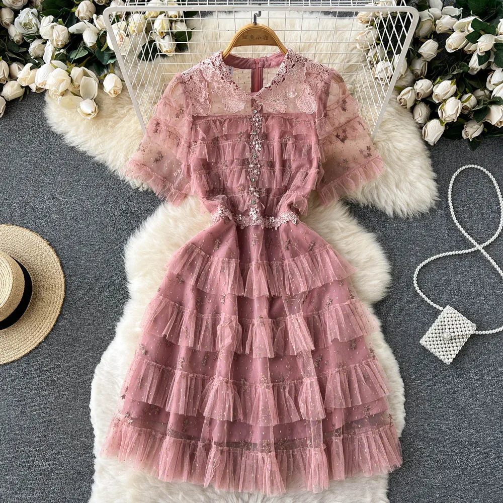 French Chic and amazing gauze cake summer women's small man with narrow waist, thin A-shaped Dresses
French Chic and amazing gauze cake summer women's small man with narrow waist, thin A-shaped Dresses