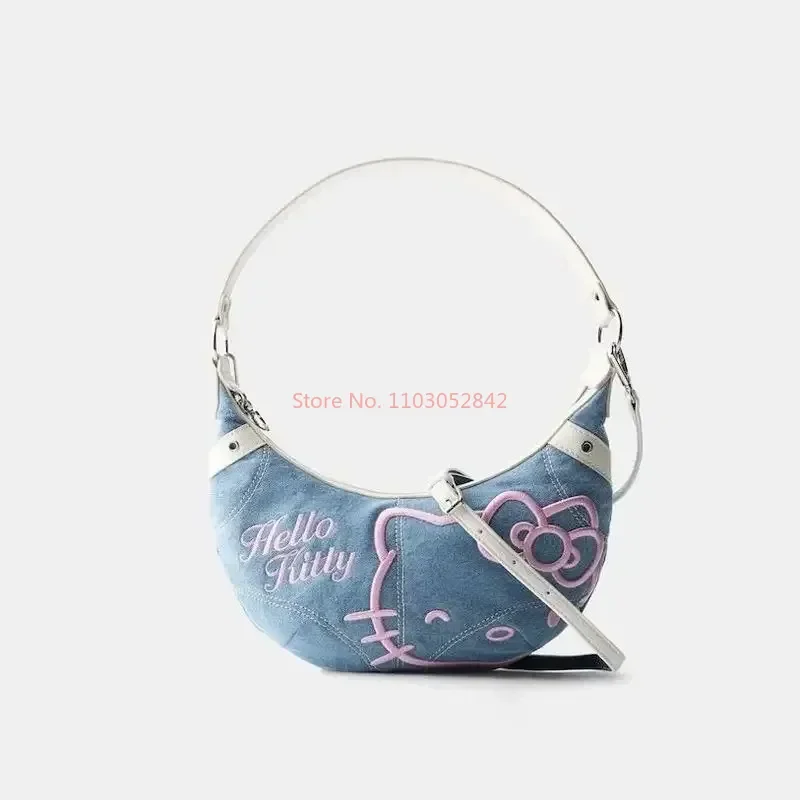 

2024 Spring And Summer New Large-capacity Denim Armpit Bag Hellokitty Cute Retro Shoulder Messenger Bag Women