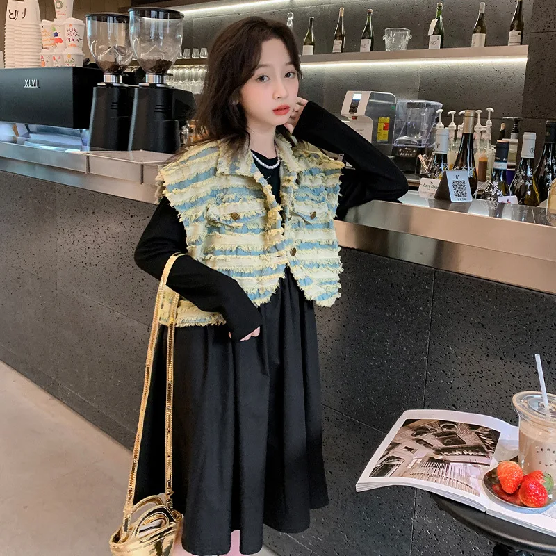 

Girls' Suit Fringed Denim Dress 2024 Spring and Autumn New Girls' Fashion Western Style online celebrity Two-piece Set