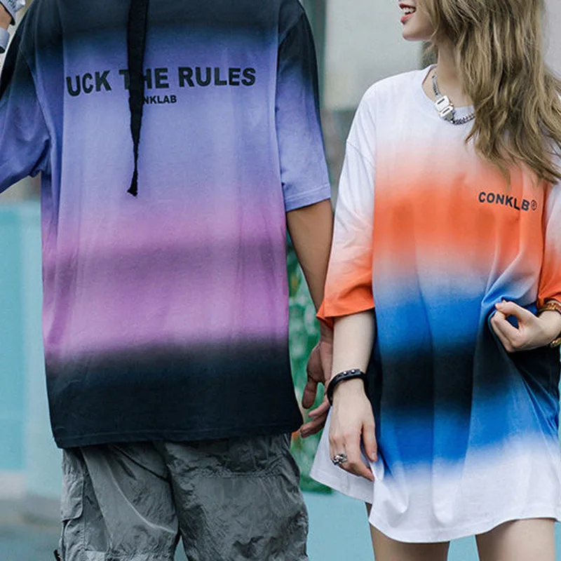 

2023 New Summer Fashion Tie Dye Gradient Letter Printing Round Neck Short Sleeve Loose Relaxed Oversize Trendy Long T-shirt