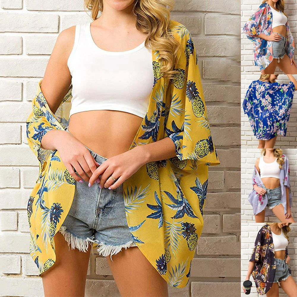 

Summer Women Floral Chiffon Cover-ups Beach Outfits For Women Kimono Sheer Half Sleeve Cardigan Beach Swimwear Tunic Beachwear