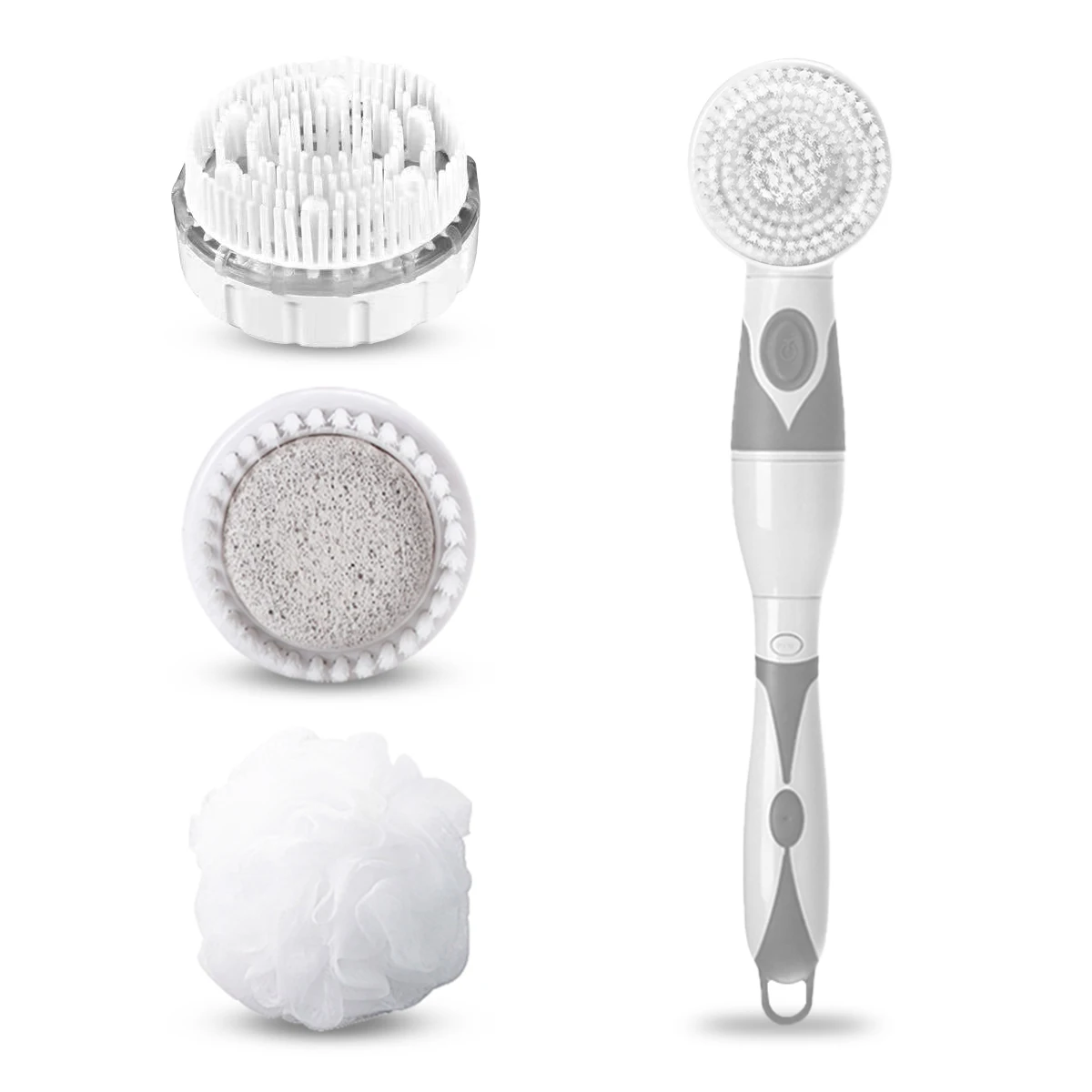 

Electric Body Brush with 4 Replacement Heads Battery Operated Long Handle Exfoliating Scrubber IPX6 Waterproof Massaging Bath