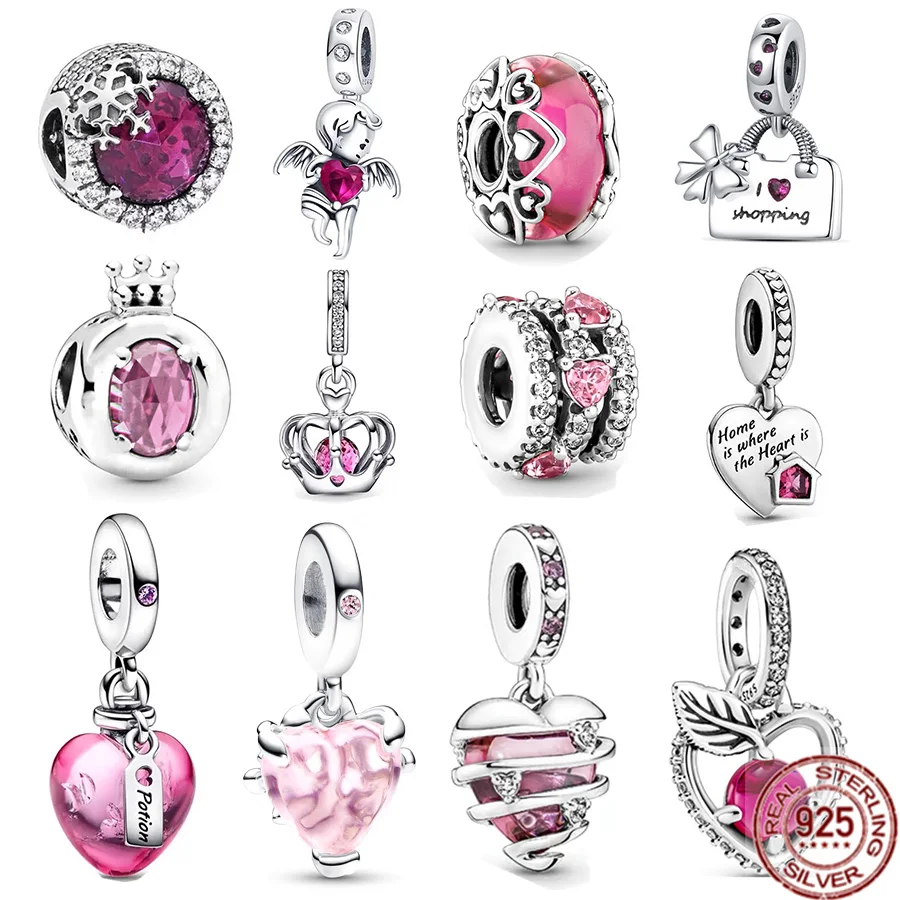

925 Sterling Silver Sparkling Triple Halo Hearts & Pink Regal Crown Dangle Charm Bead Fit Original Pandora Bracelet Jewelry Gift