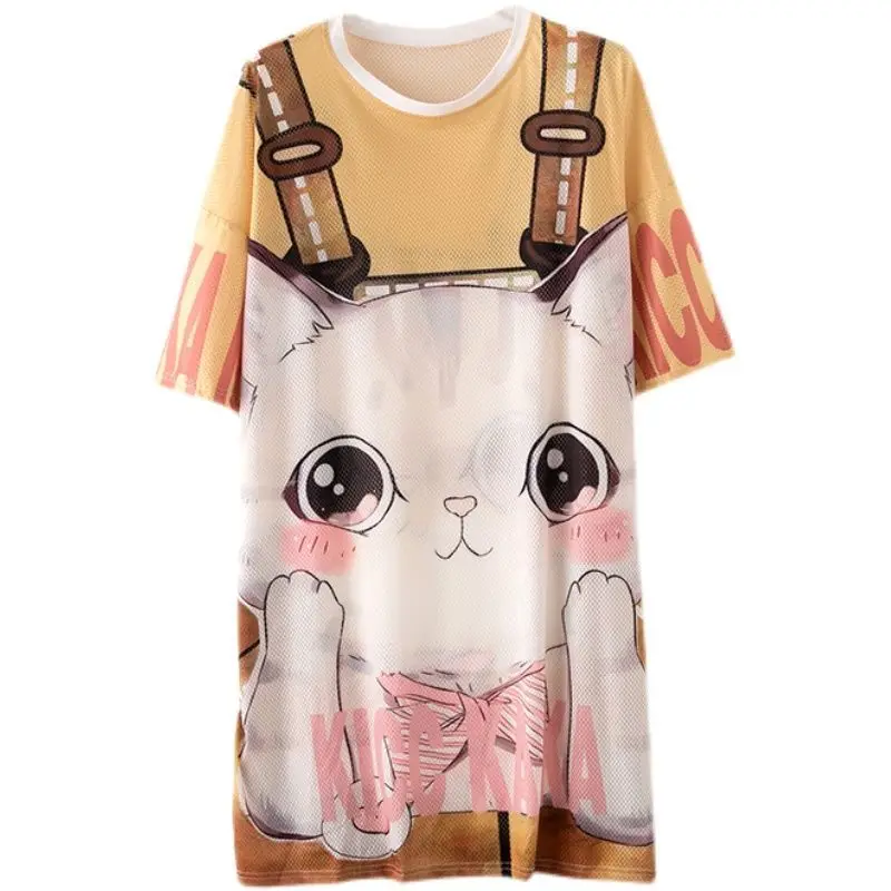 

Summer Ice Silk Breathable Mesh Quick-drying Sweet Long Girl T Shirt 3d Printed Harajuku Shy Pussy Bow-knot Tees Tops Female