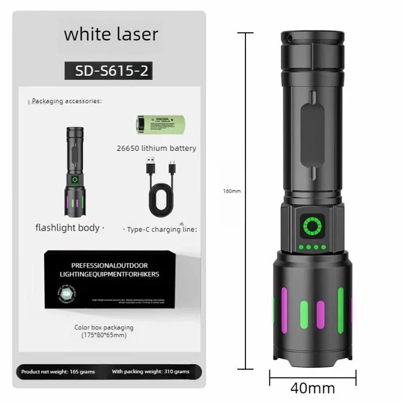 White Laser Telescopic Zoom Fluorescence Current Display Outside Multi-Function Strong Light Aluminum Alloy Flashlight LED
White Laser Telescopic Zoom Fluorescence Current Display Outside Multi-Function Strong Light Aluminum Alloy Flashlight LED