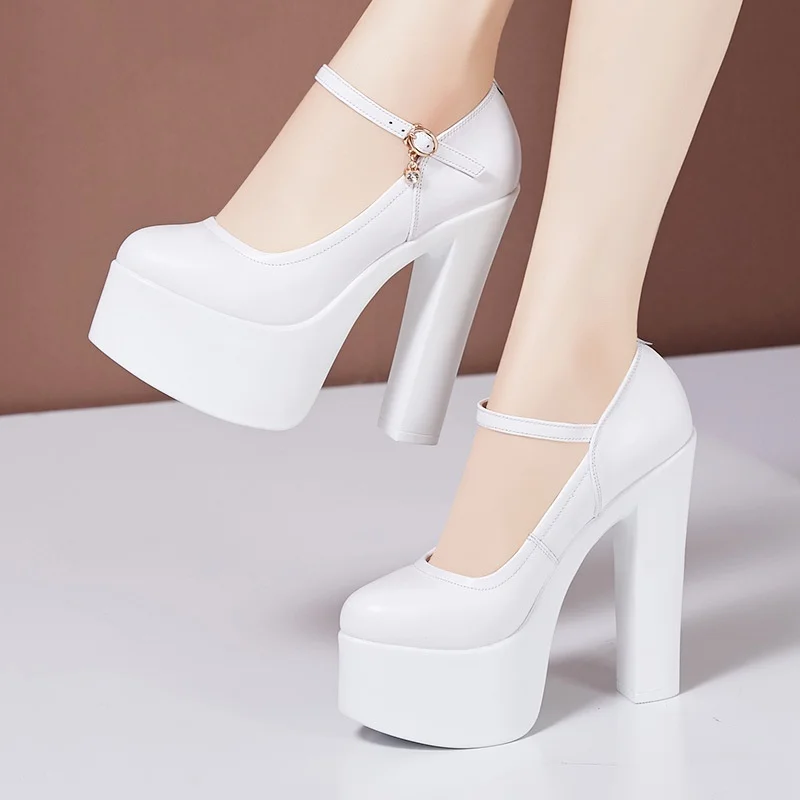 

15cm Sexy Shallow Mary Janes Genuine Leather Shoes Women's Platform Pumps 2024 Spring Block High Heels Shoes Model Party Dress