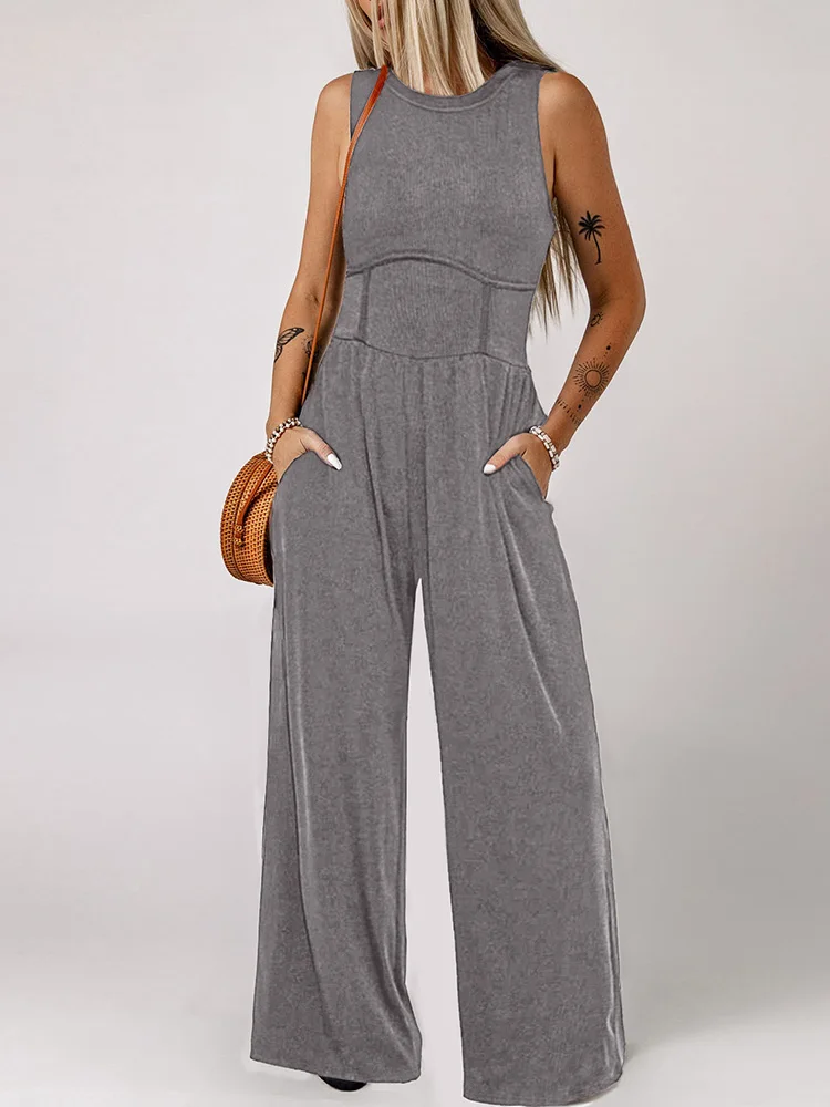 

Sleeveless Pocket Loungewear Jumpsuits, Women Summer O-Neck Patchwork Elegant Bodysuits, Wide Leg Pants Simple Ladies Playsuits