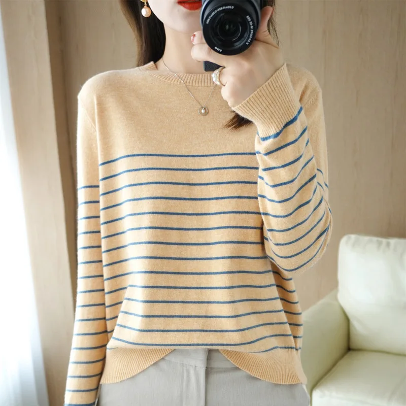 Woolen sweater women's striped bottom loose 2023 new spring pullover wearing round neck long-sleeved top is fashionable and fore
Woolen sweater women's striped bottom loose 2023 new spring pullover wearing round neck long-sleeved top is fashionable and fore